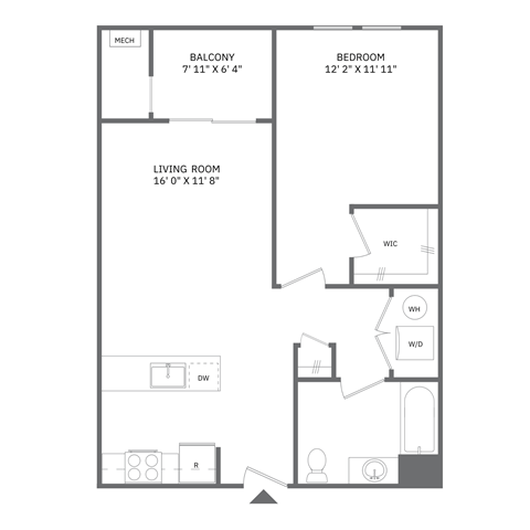 Floor plan for 1 bed, 1 bath, 718 sqft